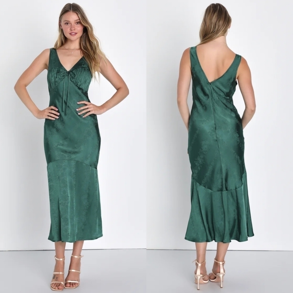 Lulus Exceptional Ideal Emerald Green Satin Jacquard Midi Dress Wedding Party